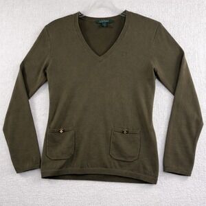 Lauren Ralph Lauren V Neck Olive Green Sweater With Pocket‎ Detail Size M